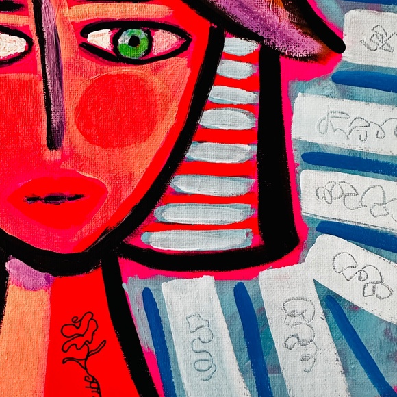 Abstract Lady Face Painting with Rose Tattoo, 12x12 Original Canvas Art OOAK - Picture 6 of 10